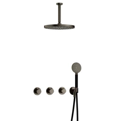 Hotbath Cobber - CB7067 - Inbouw Regendoucheset - Verouderd Ijzer - 2 Stopkranen - Thermostatisch - Plafondbuis 15 cm - Hoofddouche 300 mm - Ronde Handdouche 3 Standen - met M106 - Waterbesparend - V01