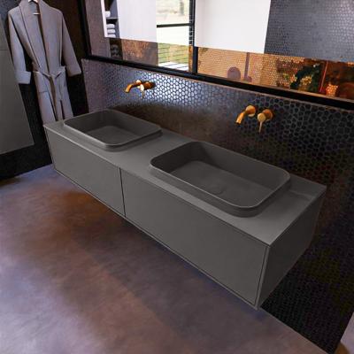 Badkamermeubelset Mondiaz Erin 150 cm met 2 Lades met RIDGE Wastafel Dubbel Dark grey Zonder Kraangaten Greeploos Mat Dark Grey