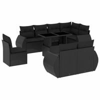 9-delige Loungeset met kussens poly rattan zwart - thumbnail
