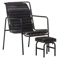 Relaxfauteuil met voetenbankje echt leer zwart - thumbnail