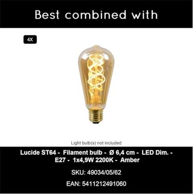 Lucide MILONGA - Hanglamp - 4xE27 - Zwart