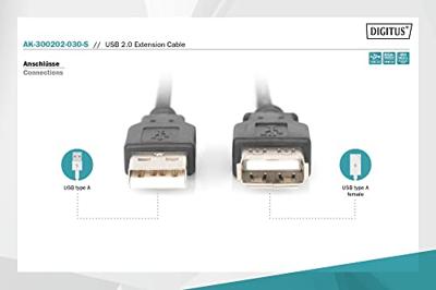 Digitus AK-300202-030-S USB-kabel USB 2.0 USB-A stekker, USB-A bus 3.00 m Zwart