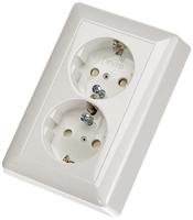 Dubbele Gira wandcontactdoos met randaarde en kinderbeveiliging zuiverwit glanzend 078303 - thumbnail