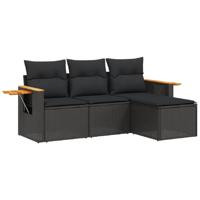 4-delige Loungeset met kussens poly rattan zwart - thumbnail