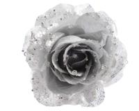 Roos op clip met glitters 14 cm zilver - thumbnail