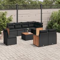 9-delige Loungeset met kussens poly rattan zwart - thumbnail