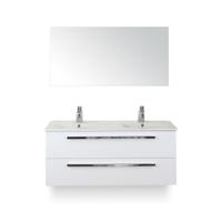 Seville Badmeubelset 120 cm - 2 laden Wit Hoogglans - Wastafel Enjoy Dubbel - met Spiegel - thumbnail