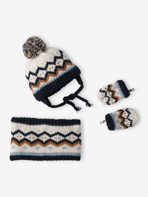 Set babymeisje muts met oortjes + snood + wanten in jacquard marineblauw Set babymeisje muts met oortjes + snood + wanten in jacquard marineblauw
