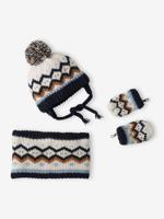 Set babymeisje muts met oortjes + snood + wanten in jacquard marineblauw - thumbnail
