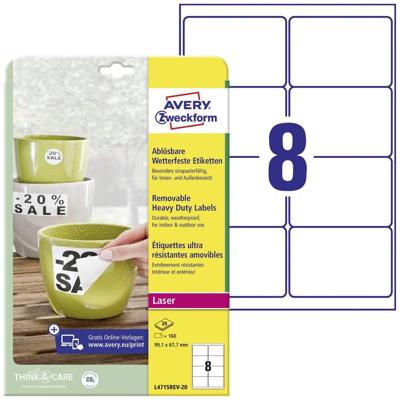 Avery-Zweckform Wetterfeste Folien-Etiketten, Laser L4715REV-20 ( 99.1 x 67.7 mm ),Wit, 160 stuk(s), Weer verwijderbaar Avery-Zweckform Wetterfeste Folien-Etiketten, Laser L4715REV-20 ( 99.1 x 67.7 mm ),Wit, 160 stuk(s), Weer verwijderbaar