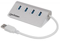 Manhattan USB-A 4-poorts hub, 4x USB-A-poorten, 5 Gbps (USB 3.2 Gen1 oftewel USB 3.0), Bus aangedreven, Snel opladen tot 0.9A, SuperSpeed USB, aluminium behuizing, Windows en Mac, Zilver, 3 jaar garantie - thumbnail