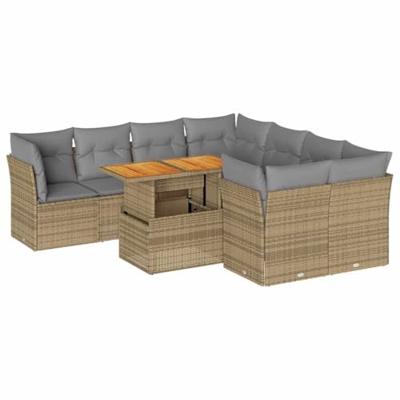 9-delige Loungeset met kussens poly rattan beige