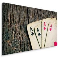 Schilderij - Oude speelkaarten op houten tafel, premium print - thumbnail