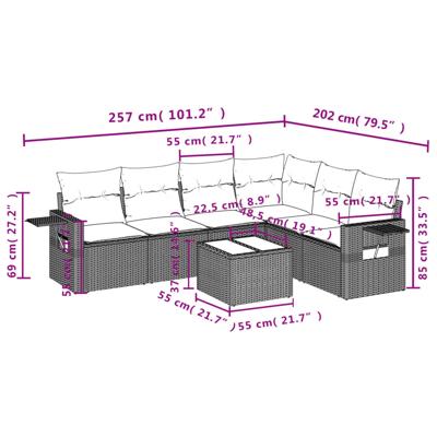 7-delige Loungeset met kussens poly rattan beige - thumbnail