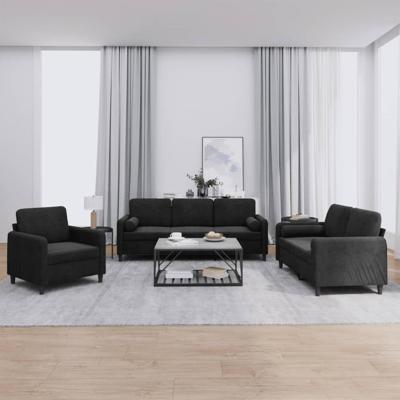 3-delige Loungeset met kussens fluweel zwart - thumbnail