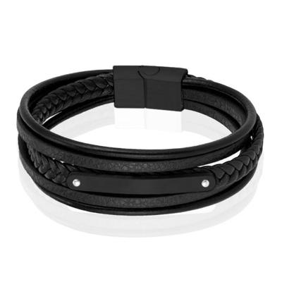 Mendes Lederen Armband voor Mannen - Zwart, Met Graveerplaat en RVS Sluiting-21cm Mendes Lederen Armband voor Mannen - Zwart, Met Graveerplaat en RVS Sluiting-21cm