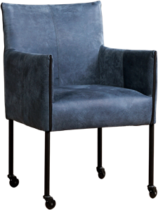 Blauwe leren moderne kuipstoel More - poot rond zwart met wiel - Kenia Leer Denim (blauw leer)