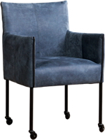 Blauwe leren moderne kuipstoel More - poot rond zwart met wiel - Kenia Leer Denim (blauw leer) - thumbnail