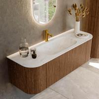 Mondiaz KURVE-DLUX 140 cm Onderkast Greeploos 1 Lade Met Deuren Walnut, Wastafel Solid Surface Midden Opalo 1 Kraangat Zonder Spiegel (KRVBGS140L+R1L2D1KM-Wal/Opa) - thumbnail