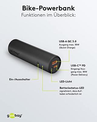 Goobay Goobay 60656 Powerbank für Fahrrad 5000 mAh Bike Fahrradhalterung USB Buchse PD Powerbank 5000 mAh Li-ion Zwart Statusweergave, LED-zaklamp Goobay Goobay 60656 Powerbank für Fahrrad 5000 mAh Bike Fahrradhalterung USB Buchse PD Powerbank 5000 mAh Li-ion Zwart Statusweergave, LED-zaklamp