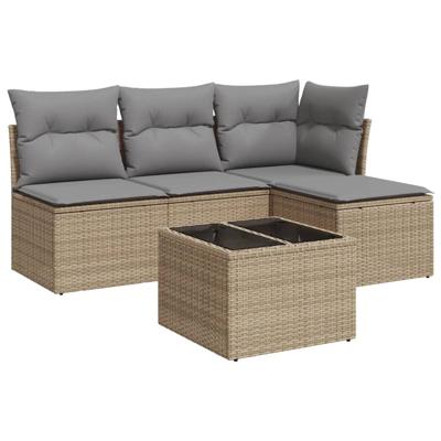 5-delige Loungeset met kussens poly rattan beige - thumbnail