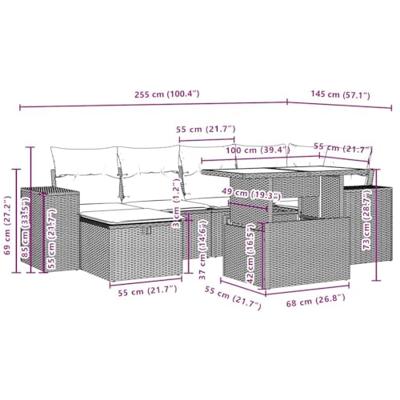 7-delige Loungeset met kussens poly rattan bruin