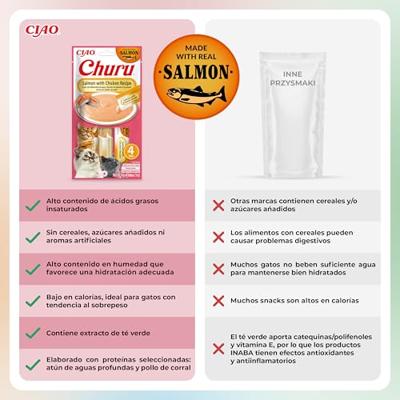 INABA Churu Puree Kattensnacks Creamy Snacks, hoogwaardige eiwitten met zalm en kip, 56 g (1 stuk), kattensnacks in premium kwaliteit