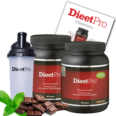 2 potten DieetPro Chocolade STEVIA plus Gratis Shaker