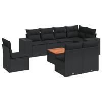 9-delige Loungeset met kussens poly rattan zwart - thumbnail
