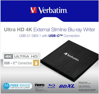 Verbatim External Ultra HD 4K Externe Blu-ray brander 4K-video-ondersteuning Retail USB-C 3.2 Gen 1 Zwart Verbatim External Ultra HD 4K Externe Blu-ray brander 4K-video-ondersteuning Retail USB-C 3.2 Gen 1 Zwart