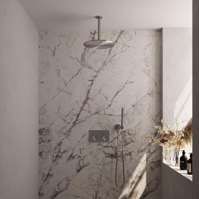Brushed Edition thermostatische inbouw regendouche SET 54 - 30 cm douchekop, plafondarm, staaf handdouche, doucheslang en wandaansluitbocht in RVS geborsteld PVD Brushed Edition thermostatische inbouw regendouche SET 54 - 30 cm douchekop, plafondarm, staaf handdouche, doucheslang en wandaansluitbocht in RVS geborsteld PVD