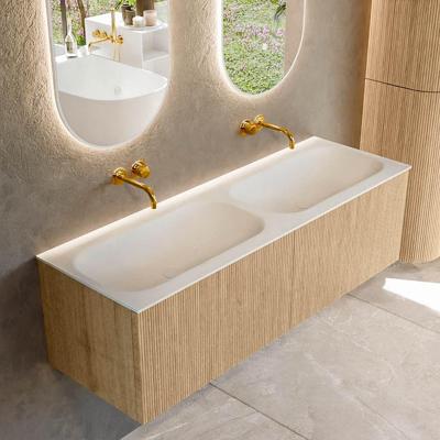 Mondiaz KURVE 140 cm Onderkast Greeploos 2 Lades Zonder Deuren Oak, Wastafel Solid Surface Dubbel Talc 0 Kraangaten Zonder Spiegel (KRVBGS1402L0D0KD-Oak/Tal)