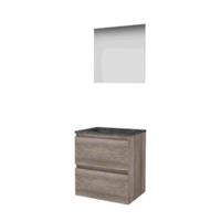 Basic-Line Ultimate 46 Badkamermeubelset - 60 x 46 cm - Greeploos - 2 Lades - Hardstenen Wastafel - Zonder Kraangat - Spiegel met Indirecte LED Verlichting - Scotch Oak - thumbnail