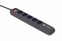 Stekkerdoos met schakelaar 5 voudig 2X USB, 1.5 meter snoer zwart - thumbnail