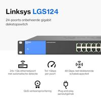 Linksys LGS124-EU 24-poorts onbeheerde Gigabit-netwerkswitch - Ethernet-switch/hub met metalen behuizing voor thuis en kantoor - Tafelmodel of wandbevestiging, Ethernet-splitter, Plug-and-play - thumbnail