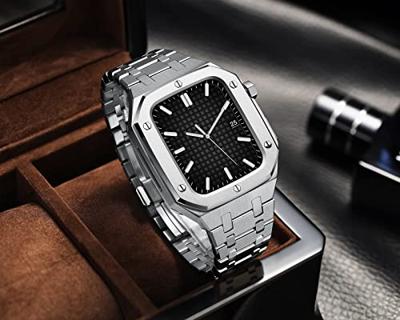 SULUET Noble Metalen Horlogeband+Case Voor Apple Horloge Band 44mm 45mm Rvs Armband Strap voor IWatch Serie 8 7 6 SE 5 4, 44MM For 6/5/4/SE, Agaat