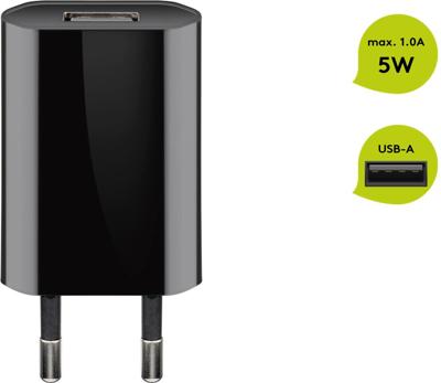 Goobay USB-A adapter - USB-A oplader - CEE 7/16 - USB-A adapter - 1 poorts - slim - 1000mA - 5W - zwart