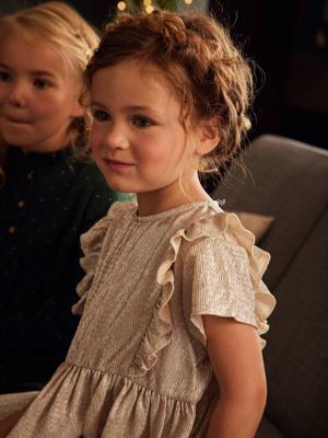 Feestjurk in mooie lamé stof voor meisjes iriserend beige