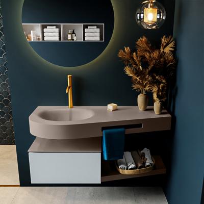 MONDIAZ RIVA 120cm badmeubel onderkast / planchet kleur Clay met 1 lade. Wastafel DULCET links 1 kraangat kleur Smoke.
