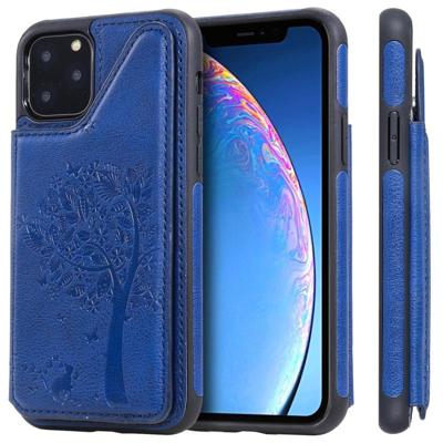 Voor iPhone XI (2019) kat boom reliëf patroon schokbestendige beschermhoes met kaartsleuven & fotolijstjes (blauw)