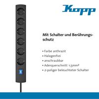 Kopp 233005012 Stekkerdoos met schakelaar 6-voudig Antraciet Randaarde stekker 1 stuk(s) - thumbnail