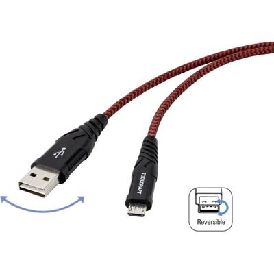 TOOLCRAFT TO-6872829 USB-kabel USB 2.0 USB-A stekker, USB-C stekker 2.00 m Zwart/rood Extreem robuust gevlochten bescherming, Stekker past op beide manieren