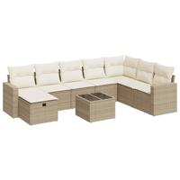 9-delige Loungeset met kussens poly rattan beige - thumbnail