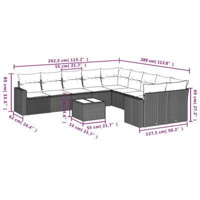 11-delige Loungeset met kussens poly rattan bruin - thumbnail