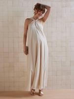 Lange zwangerschapsjurk met wikkeldecolleté in crêpe goudbeige - thumbnail