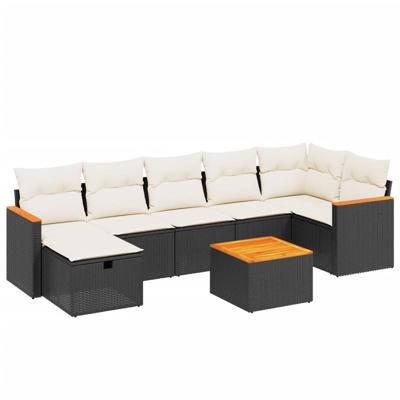 7-delige Loungeset met kussens poly rattan zwart
