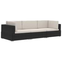 vidaXL 3-delige Loungeset met kussens poly rattan zwart - thumbnail