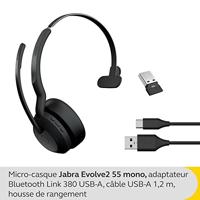 Jabra Evolve2 55 Link 380/390a UC Mono On Ear headset Bluetooth Mono Zwart Noise Cancelling, Ruisonderdrukking (microfoon) Mono Computer - thumbnail