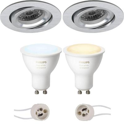 Pragmi Aerony Pro - Inbouw Rond - Mat Zilver - Kantelbaar - Ø82mm - Philips Hue - LED Spot Set GU10 - White Ambiance - Bluetooth