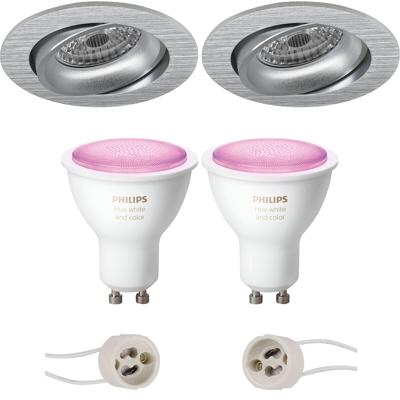 Pragmi Delton Pro - Inbouw Rond - Mat Zilver - Kantelbaar - Ø82mm - Philips Hue - LED Spot Set GU10 - White and Color Ambiance - Bluetooth